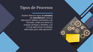 Tipos de Procesos
Tipos de Procesos
Existen diversos tipos de procesos
de manufactura, como la
fabricación aditiva, sustractiva y de
formado. Cada uno tiene sus
propias ventajas y desafíos, y es
crucial seleccionar el método
adecuado para cada aplicación.
Existen diversos tipos de procesos
de manufactura, como la
fabricación aditiva, sustractiva y de
formado. Cada uno tiene sus
propias ventajas y desafíos, y es
crucial seleccionar el método
adecuado para cada aplicación.
 
