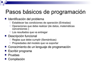 Pasos básicos de programación Identificación del problema Establecer las condiciones de operación (Entradas) Operaciones que debe realizar (de datos, matemáticas conversiones ) Los resultados que va entregar Descripción funcional Reglas que debe cumplir (Semánticas) Propiedades del modelo que va soportar Conocimiento de un lenguaje de programación Escribir programa Pruebas Compilación 