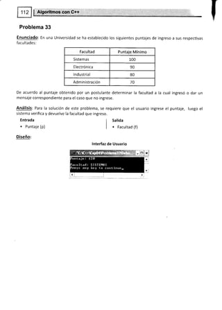 Problema 33
Enunciado: En una Universidad se ha establecido los siguientes puntajes de ingreso a sus respectivas
facu ltades:
Facultad Puntaje Mínimo
Sistemas 100
Electrónica 90
lndustrial 80
Adm inistración 70
De acuerdo al puntaje obtenido por un postulante determinar la facultad a la cual
mensaje correspondiente para el caso que no ingrese.
Análisis: Para la solución de este problema, se requiere que el usuario ingrese el
sistema verifica y devuelve la facultad que ingreso.
Entrada
. Puntaje (p)
Diseño:
ingresó o dar un
puntaje, luego el
I Salida
I
I o Facultad (f)
lnterfaz de Usuario
 