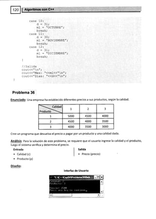 case 10:
d -- 31;
m] = "OCTUBRE",'
break,'
case 11:
d : 30;
ml : "NOVfEMBRE",'
break;
case 12:
d=31i
MI : *DICIEMBRE,';
break;
I
/ / bar10a
cou L<<'n";
cout({"Mes : "({ml({"n";
cout<("Dias : "((d({"n";
j
Problema 36
Enunciado: Una empresa ha establecido diferentes preciosa sus productos, según la calidad.
 Calidad
Pro¿u.i t 2 3
1 5000 4500 4000
2 4500 4000 3500
3 4000 3500 3000
Cree un programa que devuelva el precio a pagar por un producto y una calidad dada.
Análisis: Para la solución de este problema, se requiere que el usuario ingrese la calidad y el producto,
luego el s¡stema verifica y determina el precio.
Entrada
. Catidad (c)
. producto (p)
Diseño:
Salida
. Precio (precio)
lnterfaz de Usuario
 