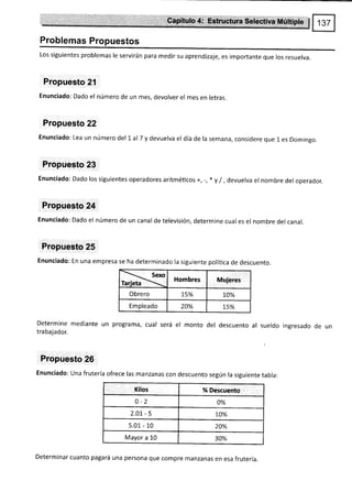 . Cápitulo4: Estructura.Setecüva.Múltiule !
Problemas Propuestos
Los siguientes problemas le servirán para medirsu aprendizaje, es importante que los resuelva.
Propuesto 2'l
Enunciado: Dado el número de un mes, devolver el mes en letras.
Propuesto 22
Enunciado: Lea un número del 1al 7 y devuelva el día de la semana, considere que 1es Domingo.
Propuesto 23
Enunciado: Dado los siguientes operadores aritméticos r, -, * y /, devuelva el nombre del operador.
Propuesto 24
Enunciado: Dado el número de un canal de televisión, determine cual es el nombre del canal.
Propuesto 25
Enunciado: En una empresa se ha determinado la siguiente política de descuento.
Sexo
Taríeta
Hombres Mujeres
Obrero 15% L0%
Empleado 20% 7s%
Determine mediante un programa, cual será el monto del descuento al sueldo ingresado de
trabajador.
Propuesto 26
Enunciado: Una frutería ofrece las manzanas con descuento según la siguiente tabla:
Kilos % Descuento
o-2 o%
2.01 - 5 L00/o
5.01 - 10 20%
Mayor a 10 30%
Determinar cuanto pagará una persona que compre manzanas en esa frutería.
 