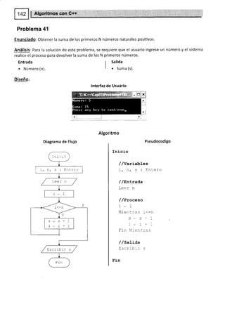 Problema 4f
Enunciado: Obtener la suma de los primeros N números naturales positivos.
Análisis: Para la solución de este problema, se requiere que el usuario ingrese un número y el sistema
realice el proceso para devolver la suma de los N primeros números.
Entrada
. Número (n).
Diseño:
¡ Salida
| . Suma (s).
lnterfaz de Usuario
Algoritmo
Diagrama de Flujo Pseudocodigo
Inicio
//variables
i,n/s:Entero
/ /entrada
Leer n
/ /Proceso
1-1
Mientras i<:n
i*i * i
trin Mient:as
/ /Sa]-ída
! ó^rr h- v
!'r-n
Inic-c
F,nler:o
Escribir s
 
