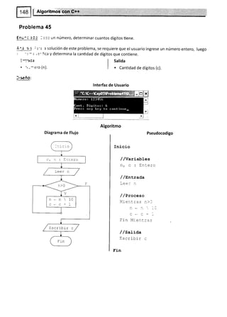 Problema 45
Enu-c ::¡ l::c un número, determinar cuantos dígitos tiene.
A-; s": ::'= asolucióndeesteproblema,serequierequeel usuarioingreseunnúmeroentero, luego
. -1- = .='fica y determina la canüdad de dígitos que conüene.
i -:-:a I Salida
. ', --ero (n). I . canti¿ad de dígitos (c).
l,seño:
lnterfaz de Usuario
Algoritmo
Diagrama de Flujo Pseudocodigo
Inicio
//Variables
n
^
. tr'nl¿r¡
LL,
/ /Entxada
Lee: ¡l
/ /Pxoceso
r'lag-1Ltd5 i1l l
n * I  rC
Fin Mienr::a"
/ /satiaa
Escribir c
Fin
-:llCaO
c, r : dltero
n * n  10
C-c*1
Escribir c
 
