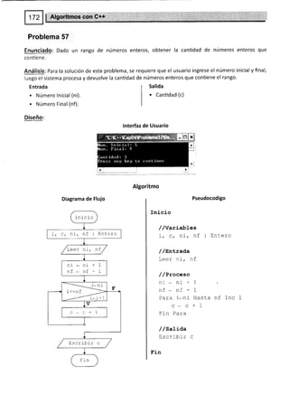 Problema 57
Enunciado: Dado un rango de números enteros, obtener la cantidad de números enteros que
contiene.
Análisis: Para la solución de este problema, se requiere que el usuario ingrese el número inicial y final,
luego el sistema procesa y devuelve la canüdad de números enteros que contiene el rango.
Entrada
. Número lnicial (ni).
. Número Final (nf).
Diseño:
Salida
. Cantidad (c)
lnterfaz de Usuario
Algoritmo
Diagrama de Flujo Pseudocodigo
Inicio
//variables
í, c, Di, nf : Entero
/ /sntrada
!uu! rrrt a!!
/ /Proc,eso
nr*ni+1
nf. nf-1
Para i*ni Hasta nf Inc
c*c+l-
Fin Para
/ /satiaa
Escribir c
.E'r-n
Ini cio
Ente ro
Leer ni, nf
-i ^l r l
nf*nf-1
Escribir c
 