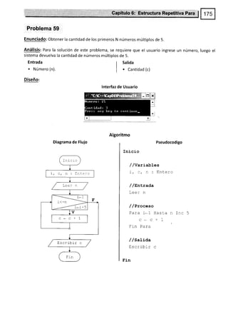 Problema 59
Enunciado: Obtener la cantidad de los primeros N números múltiplos de 5.
Análisis: Para la solución de este problema, se requiere que el usuario ingrese un número, luego el
sistema devuelva la cantidad de números múltiplos de 5.
Entrada
. Número (n).
Diseño:
Salida
. Canüdad (c)
lnterfaz de Usuario
Algoritmo
Diagrama de Flujo Pseudocodigo
fnicio
//Variables
i,atn:Entero
/ /EnErada
Leer n
/ /Proceso
rdLd L*L
U*L
Fin Para
/ /satiaa
E s cribir
Fin
Hasta n Inc
+1
inicro
Ente:o
Escribrr c
 
