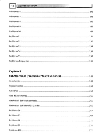 #iiffiii'#üffidÉiGüfi.iG
252
Problemas Propuestos 26r
Capítulo 9
SubAlgoritmos (Procedimientos y Funciones) 263
263
Procedimientos .......264
Funciones ............ .....264
Paso de parámetros ....265
Parámetros por valor (entrada) ........2Gs
Parámetros por referencia (salida) 266
Problema 97
Problema 99..........
Problema 100........
 
