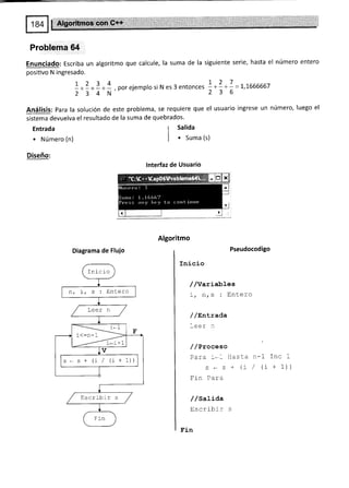 .:.-:::: :'". -.-:. "
"'-. .: :. .-':;"::'. ..:
ilii:ii::::::i i:li4l:i:iii:i!'ji;,i;iiriil:iiri:i;!:i:i:i;jíil;¡i:i:irir;:jii:
Problema 64
Enunciado: Escriba un algoritmo que calcule, la suma de la siguiente serie, hasta el número entero
positivo N ingresado.
tza 4 1'27
-r-r
j+a , poreiemplosi N es 3 entonces l+:- -=1,7666667
2 3 4 N" 2 3 6
Análisis: para la solución de este problema, se requiere que el usuario ingrese un número, luego el
sistema devuelva el resultado de la suma de quebrados.
Entrada
. Número (n)
Diseño:
r Salida
| . sr.. 1r¡
lnterfaz de Usuario
Algoritmo
Diagrama de Fluio Pseudocodigo
Inicio
//Variables
í, ors : Entero
/ /Éntrada
/ /Proceso
Para t._- ilasta
s - s + (i
F in Para
/ /satiaa
Escribir s
l'.1-n
n-1 lnc I
/ (í + 1)
Tnicio
Entero
s s+ (j / tt+t¡¡
Escribir s
 