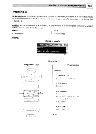 Problema 67
Enunciado: Crear un algoritmo para hallar el factorial de un número, elfactorial es el producto de todos
los números consecutivos desde la unidad hasta el número, por ejemplo factorial de 3l (se denota l) es
1X2X3=6.
Análisis: Para la solución de este problema, se
sistema devuelva el factorial del número.
Entrada
. Número (n).
Diseño:
Diagrama de Flujo
requiere que el usuario ingrese un número, luego el
r Salida
I
| . Factorial (f)
lnterfaz de Usuario
Algoritmo
Pseudocodigo
Inicio
/ /Yaríab]-es
n/f,i:Entero
/ /e¡trada
Leer n
/ /Proceso
f-1
Para i*1
ftf
Fin Para
/ /SaLida
trs cribl r
!'r-n
Hasta n Inc
*i
Inicio
Ente:c
Escribir f
 