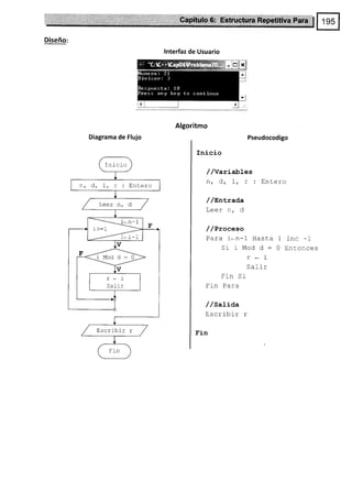 Diseño:
lnterfaz de Usuario
Algoritmo
Diagrama de Flujo Pseudocodigo
Inicio
//Variables
n, d, r, r : Entero
/ /EnLrada
T¿¿r n
^
!!!r 11,
/ /Proceso
Para 1-n-1 Hasta 1 Inc -1
SirModd:0Entonces
r-i
Salir
Fin Si
Fin Para
/ /satiaa
Escribir r
Fin
Inl cio
Entero
Escribir r
 
