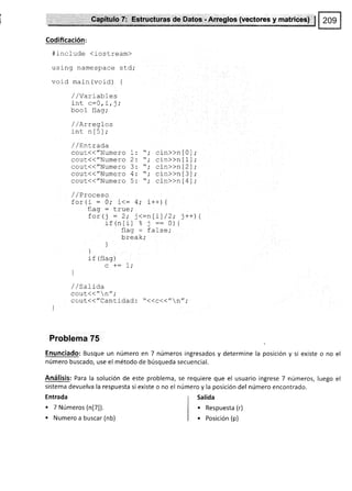 Codificación:
#include {iostream)
using namespace std,'
voi d main (void) {
/,/Varrabl es
.;^r ^-n .i +.
f IIL U-V t Lt _J t
L^^t {t--.
uuu L 1fd9,
/ /AxreqIos
'l^+ ^l(1.
rrrL Ii LJ.l ,
/ / LttLLAJd
couL{("Numero 1: "; cin>>n[0];
cout{("Numero 2 : "; cin>>n | 1] ,'
cout<<"Numero 3: "; cln>>n[2],'
cout(("Numero 4 : ",' cin>>n [3 ] ;
cout((//|.lsmero 5 : ",' cin>>n [4 '] ,'
/ /Proceso
for (i : Q,' i<: 4r i++) {
fl^^ _ r.-
Tlag : t'rue"
for¡j : 2' j<=nIil/2; j++){
;f(rt:1
__,-rLrl ó J -- U, t
,1 ^^ - a^t ^^.
'J::_;. '¡
o
'!Dc/
!rgd^,
]
]
-Lr (Jldg/
c +: 1;
]
/ /satíaa
cout(( " n",'
cout(("Cantidad: "<<c<<"n";
]
Problema 75
Enunciado: Busque un número en 7 números ingresados y determine la posición y si existe o no el
número buscado, use el método de búsqueda secuencial.
Análisisl Para la solución de este problema, se requiere que el usuario ingrese 7 números, luego el
s¡stema devuelva la respuesta si existe o no el número y la posición del número encontrado.
Entrada
. 7 Números (n[7]).
. Numero a buscar (nb)
Salida
. Respuesta (r)
. posición (p)
 