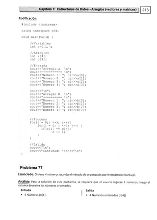 Codificación:
#include (iostream)
using namespace std,-
void main (void) {
//Varra,bIes
'inr ¡:ñ i -.
VI L' J'
/ /ArregLos
int a[4];
inl 1-rl1l.
+¡rg v L ¡t ,
/ / Entrada
cout(("Arreglo A n";
LVUL jt ,
cout<<'lNumero 1: "; cin>>a[0
cout{(/'Numero 2: "; cin>>a[1
cout<("Numero 3: ",' cin>>a l2
cout<<"Numero 4 : ",' cin>>a l3
cout(("n"i
cout<<"Arreglo B n";
^^111/
/ t'
---------:  ñ /r .
UUUU
cout<<"Numero 1: "; cin>>bl0];
cout{('¿Numero 2 : '; cin>>b l1] ;
gggl(("Numero 3: ; cin>>b[2];
cout<<"Numero 4 : ",' cin>>b [3 _] ;
/ /Proceso
for(i:0;i <-3; i-*){
for(; :0; J <:3; l+.) i
if (aIi] :: bl,_)
^ ,- 1.
L |
-
I,
i
]
/ / SaLída
cout{< " n";
cout({"Cantidad: "<<c({"n";
Problema 77
Enunciado: Ordene 4 números usando el método de ordenación por intercambio (burbuja).
Análisis: Para la solución de este problema, se requiere que el usuario ingrese 4 números, luego el
sistema devuelva los números ordenados.
Entrada
¡ Salida
. 4 Números (n[a]). I . 4 Números ordenados (n[4])
 