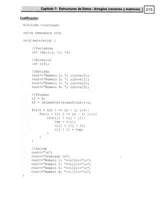 Codificación:
#include (iostream)
usang namespace std;
void main (void) {
/ /Variables
int tmp, i, j,
,/ /Arreglos
int n[4];
/ /EnLrada
cout{(//Numero
coul(("Numero
cout{("Numero
cout{{"Numero
; cin>>n[0],'
; cin>>nl1l;
,' cin>>n[2];
; cln>>nLJl;
LI,
1: 
2¡, 
3:
a. 1
,/ / Proce so
LI = 0;
LS : {sizeof (n) /sizeof (int) ) -1;
for(1 - LI; i <: LS -
Far l¡ - T I. - ¿-
lvl J ur,
if (ntjl > n[]
cmp : n[¡
n[:] : ni
n[] + 1l
]
l,/ sat ioa
cout(("n";
COut(("Ordenado n";
cout({"Numero 1: "((n
cout<<"Numero 2: "<<n
cout{("Numero 3: "<<n
cout<("Numero 4: t'<<n
1
TC
+
t.
)t
j
; i++) {
-
1. -rr
Lt ) tl
1l) {
+ '1 l.
tmp,
0l <<"n";
1l {("n";
2)'1{" n" ;
3](("n",-
 