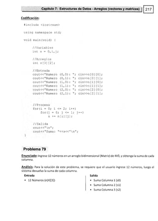Codificación:
#include <iostream)
us ing namespace scd;
vold main (void) {
/ /Variables
inr c: O i i.
vt Lt ),
/ /Arreglos
int nt3l l2l;
/ /Enl*rada
cout<<"Numero (0,0)
cout<<"Numero (0,1)
cout(("Numero (1,0)
cout{("Numero (1.1)
cout.(("Numero (2, A)
cout(("Numero (2rIj
//Proceso
for(i = 0; t <: 2; i++¡
for(j : 0; j <: 1; j'-)
s +: nlrl ljl;
/ t^,1: -1 -
/ / JdIILId
cout(( " n";
cout(("Suma: "((s<("n";
Problema 79
Enunciado: lngrese L2 números en un arreglo bidimensional (Matriz) de 4X3, y obtenga la suma de cada
columna.
Análisis: Para la solución de este problema, se requiere que el usuario ingrese 12 números, luego el
sistema devuelva la suma de cada columna.
"; cin))n
"; cin))n
" i cin>>n
"; cin))n
" i cin))n
"; cin))n
0
0
1
1
2
2
t0l;
r1t ,
Lrt,
[0];
t1t;
t0t;
t1t .
Entrada
. l-2 Números (nlal[3])
Salida
. Suma Columna 1 (s0)
. Suma Columna 2 (s1)
. Suma Columna 3 (s2)
 