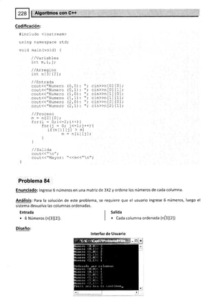 Codificación:
#include (lostream>
us jng nanespace std,'
void main(void) {
/ /variables
int. m, i; j ;
,/ /Arreglos
int nl31l21;
/ / EnLraoa
cout{("Numero (0,0)
cout(("Numero (0r 1)
cout(("Numero (1,0)
cout((//Numero (1r 1)
cout(("Numero 2,A)
cou L << "Numero (2 , 7 )
/ / Proceso
m = nLUl LUI;
for (i = A; i<:2;1++) {
for(j : O; j<-1;j-*)'{
ir(ntil tjl > m)
m = nttl tjl;
I
)
//Salida
couL<<"n";
cout<("Mayor : "<<m(("n".'
)
Problema 84
Enunciado: lngrese 6 números en una matriz de 3X2 y ordene los números de cada columna.
Análisis: Para la solución de este problema, se requiere que el usuario ingrese 6 números, luego el
sistema devuelva las columnas ordenadas.
cin>>nl0l t0l
cin))nl0l t1l
cin>>nt1l l0l
cin))nill t1l
cin))nt2l l0l
cin>>nt2l t1l
Entrada
. 6 Números (n[3][2])
Diseño:
I Salida
I
| . cada columna ordenada (n[¡]lzl)
lnterfaz de Usuario
 
