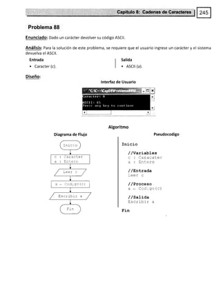 Problema 88
Enunciado: Dado un carácter devolver su código ASC|l.
Análisis: Para la solución de este problema, se requiere que el usuario ingrese un carácter y el sistema
devuelva el ASC|l.
Entrada I Salida
I
. Caracter (c). I . ASCII (a).
Diseño:
lnterfaz de Usuario
Algoritmo
Diagrama de Flujo Pseudocodigo
Inicio
//variables
c : Caracater
a: Entero
/ /Enl-rada
Leer c
/ /Proc,eso
a * Ccdrgo (c)
/ /SaLida
Escribir a
Fin
Inlcao
a : Entero
/ Leer c
a . Cod-gc(c)
/ ,-
,/ Eiscrlbrr a
Fin
 