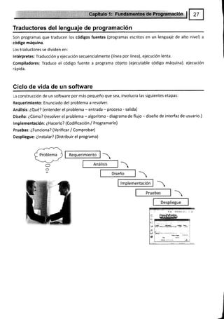 Traductores del lenguaje de programación
Son programas que traducen los códigos fuentes (programas escritos en un lenguaje de alto nivel) a
código máquina.
Los traductores se dividen en:
lntérpretes:Traducción y ejecución secuencialmente (línea por línea), ejecución lenta.
Compiladores: Traduce el código fuente a programa objeto (ejecutable código máquina). ejecución
rápida.
Ciclo de vida de un software
La construcción de un software por más pequeño que sea, involucra las siguientes etapas:
Requerimiento: Enunciado del problema a resolver.
Análisis: iQué? (entender el problema - entrada - proceso - salida)
Diseño: éCómo? (resolver el problema - algoritmo - diagrama de flujo - diseño de interfaz de usuario.)
lmplementación: éHacerlo? (Codificación / Programarlo)
Pruebas: éFunciona? (Verificar / Comprobar)
Despliegue: i I nstalar? ( Distribuir el programa)
Requerimiento
Análisis
Diseño
lmplementación
Pruebas
Despliegue
/---<--:/-')'-
I)
f, Problema _)
--/J
O
O
ó
 