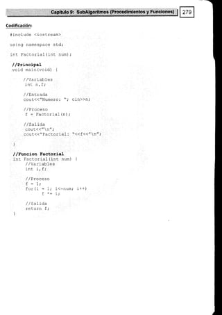 Codificación:
#include <iostream>
usi ng namespace std,'
inl Factorial (int num)
//Principal
void mai n (void) {
I /Varíables
tltL ttr r,
/ / Lntrada
cout{("Numero: "; cin)}n;
/ / Proceso
f = Factorial (n);
/ /Salida
cout(("¡";
cout(("Factorial : "<{f<<"n"i
]
)
//Funcion Factorial
inr Factoriat (int num) {
/ / varraptes
Iltu Ir !t
/ / vroceso
L
-
Lt
for(-i = I; i<-num; i++¡
+ -- :,.
! - Lt
l/salioa
return f;
 