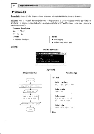 Problema 03
Enunciado: Dado el Valor de venta de un producto, hallar el IGV (I9%) y el Precio de venta.
Análisis: Para la solución de este problema, se requiere que el usuario ingrese el Valor de venta del
producto y el sistema realice el cálculo respecüvo para hallar el IGV y el Precio de venta, para esto use la
srguiente expres¡ón.
Expresión Algorítmica
igvevv*0.1-9
PVevv+igv
Entrada
. Valor de venta (vv).
Diseño:
Salida
. El IGV (igv).
. El Precio de Venta (pv).
lnterfaz de Usuario
Algoritmo
Diagrama de Flujo Pseudocodigo
Inicio
//Variables
VVr a9V¡ -U . :=:_
/ /nntrada
T ^^.. .--.
!CCL V V
/ /Proceso
igv-vv*0.19
pvevv+igv
/ /SaLída
Escribir igv, pv
Fin
Inicio
vv, igv, pv : Real
/ Leer vv
igv-vv*0.19
pvevv+igv
/ ,-
/ EscrlArr rgv, pv/
Fin
 
