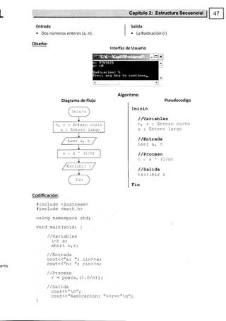 L
Entrada
. Dos números enteros (a, n).
Diseño:
S,á,píttÉl,l"ii'2:¡::,.Egt ,¡¡ 8Ecü6neiá.1
Salida
. La Radicación (r)
lnterfaz de Usuario
Algoritmo
Inacro
nrr:Enterocorto
a : Entero larqo
/ t^^- ^ ^ /
/!L!rqr"/
r t a ' (1/n)
/zscrrbir r 7
Fin
Codificación:
#include <iostream>
#include <marh. h>
using namespace std;
void main(void) {
/ / varaaores
int a;
short n, r,'
/ /Entrada
cout(("a: t'; cin)>a;
cout(("n: "; cin))n;
/ / Praceso
r : po!ú(a, (1 .A/n));
//Sal1da
cout<("n",'
cout(("Radicacion: "({r({"n";
)
Pseudocodigo
Inicio
,//Variables
n/r:Enterocorto
a : Entero largo
/ /Er:Lrada
T ¿¿r r
!L!! q, 1r
/ /Proceso
r * d ^ (l,in)
/ /sat¡aa
Escribir r
Fin
eros
 