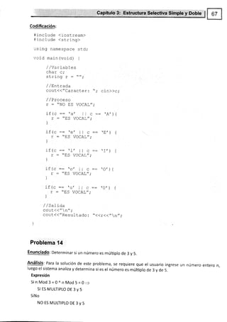 tápítulc,:3! .tbit*tt1¡rE:: scié',.@':$lmplq:tr:P obte
Codificación:
#include <iostream)
#include <string>
:sing namespace std,.
void main (void) {
/,/ va rlabl es
char c;
string r = "";
/ /E'nLrada
cout{<"Caracter:
/ / Proceso
r = "NO ES VOCAL",.
:+t- --
-/ l, nt r
II U -- d I I (- :: A ) i
r : "ES VOCAL"
]
if 1s :: 'e' ll c
r = "ES VOCAL"
]
:Fr^
--
r,
1r u -- a I I (-]
r : "ES VOCAL"
i
; € t^
--
^/ L l
rr u .t- u I I U
r : "ES VOCAL"
]
if (q:: 'u' ll C
r : "ES VOCAL"
)
/ /Salida
^^11t//tt ^tt -
uvuL rl ,
cout(("Resu1tado : "<<r<4,'1nr,,.
)
Problema 14
Enunciado: Determinar si un número es múltiplo de 3 y 5.
Análisis: Para la solución de este problema, se requiere que el usuario ingrese un número entero n,
luego el sistema analiza y determina si es er número es múlüplo de 3 y de 5.
Expresión
Si nMod3=0^nMod5=0=
Sl ES MULTIPLO DE 3 y 5
SiNo
NO ES MULTIPLO DE 3 y 5
cin>)c;
 