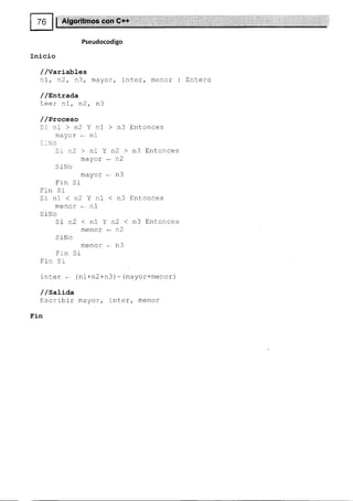 Pseudocodigo
Inicio
//variables
o1, fl2, D3, mayor/ inter, menor : Entero
/ /EnLrada
Lcer nl, n2, n3
/ /Proceso
Si n1 > n2 Y n1 > n3 Entonces
malor * nl
3 'No
Sr n2 > nl Y n2 > n3 Entonces
maYor * n2
S iNo
mayor - n3
Frn Si
fin Sr
Sr n1 < n2 Y nl < n3 Entonces
menOr * n1
S iNo
Si n2 < nl Y n2 < n3 Entonces
¡19¡6¡ * n2
.:aNo
menor * n3
Frn Si
Fin S
inter * (n1+n2+n3) - (mayor+menor)
/ /satiaa
Escribir mayor/ inter, menor
-E'.an
 
