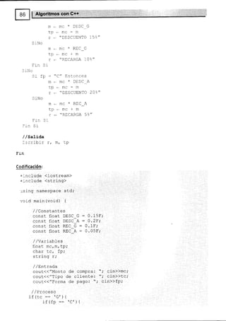 S rNo
F:-n S r
: lLO
qi fn
*MC*DESCG
-filC-fl
-
*DESCUENTO 15?"
* MC * REC-G
*mc+m
* *RECARGA 1O%"
- C/ Entonces
MEMC*DESCA
tp*mc-m
r - "DESCUENTO 20%"
¡*IIIC*REC_A
tp*mc+m
-- nr^nD-n Ea-tl
I
-
nlLñ^gn Jo
m
tp
T
m
tp
T
S rNo
Fin Sr
: tn 5a
/ /satiaa
-:cribir r, m' LP
Frn
Codificación:
=-ncl-ude (iostream)
=-nclude <string>
' ) std;
jsang'namespac(
void main (void) {
/ /Constantes
const float- DESC
const float DESC
const float RtrC_
const float REC_
ñ-
;-
U_
la-
0.15F;
ñ ?F.
n 18.
0.05F;
//Variables
float mc, mr_tp,'
¡1r¡r f ¡ fn.
Lv/ tYr
c¡ -i nn r.
J -r f rlv ! ,
/ / Ent'racla
cout<<"Monto de comPra: ",' cin))mc;
cout<<"Tipo de cliente: "; cin>>Lci
66u¿(("Forma de pago: "; cin>>fP,'
/ / Proceso
iF(rr =-
l]'f
f ! uv v / L
if (fp :: 'C') {
 