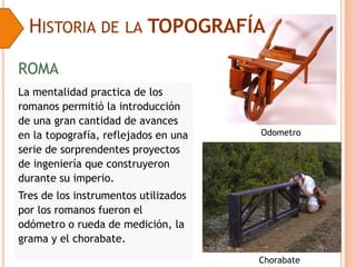 HISTORIA DE LA TOPOGRAFÍA
La mentalidad practica de los
romanos permitió la introducción
de una gran cantidad de avances
en la topografía, reflejados en una
serie de sorprendentes proyectos
de ingeniería que construyeron
durante su imperio.
Tres de los instrumentos utilizados
por los romanos fueron el
odómetro o rueda de medición, la
grama y el chorabate.
Odometro
Chorabate
ROMA
 