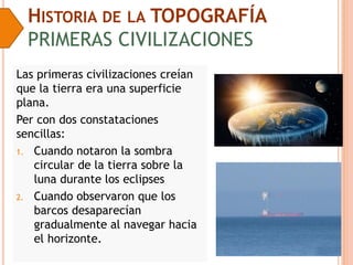 HISTORIA DE LA TOPOGRAFÍA
PRIMERAS CIVILIZACIONES
Las primeras civilizaciones creían
que la tierra era una superficie
plana.
Per con dos constataciones
sencillas:
1. Cuando notaron la sombra
circular de la tierra sobre la
luna durante los eclipses
2. Cuando observaron que los
barcos desaparecían
gradualmente al navegar hacia
el horizonte.
 