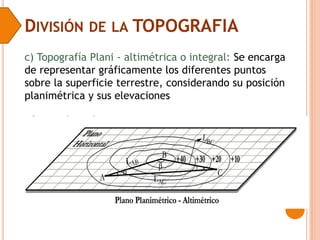 DIVISIÓN DE LA TOPOGRAFIA
c) Topografía Plani - altimétrica o integral: Se encarga
de representar gráficamente los diferentes puntos
sobre la superficie terrestre, considerando su posición
planimétrica y sus elevaciones
 