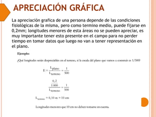 APRECIACIÓN GRÁFICA
La apreciación grafica de una persona depende de las condiciones
fisiológicas de la misma, pero como termino medio, puede fijarse en
0,2mm; longitudes menores de esta áreas no se pueden apreciar, es
muy importante tener esto presente en el campo para no perder
tiempo en tomar datos que luego no van a tener representación en
el plano.
 