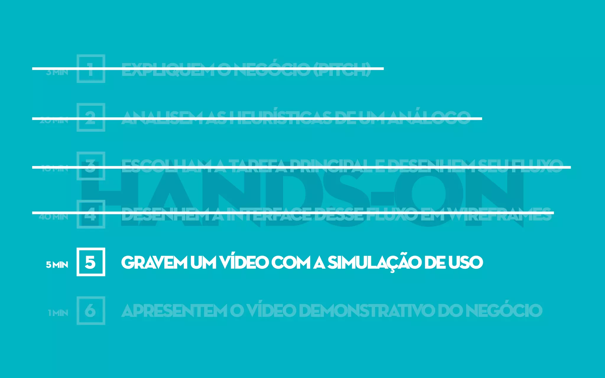 hands-on
expliquemonegócio(pitch)
analisemasheurísticasdeumanálogo
escolhamatarefaprincipaledesenhemseufluxo
desenhemainterfacedessefluxoemwireframes
gravemumvídeocomasimulaçãodeuso
apresentemovídeodemonstrativodonegócio
1
2
3
4
5
6
3min
20min
10min
40min
5min
1min
 