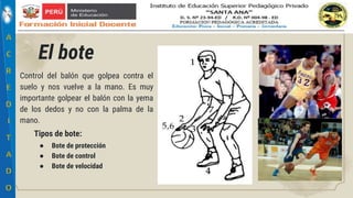Control del balón que golpea contra el
suelo y nos vuelve a la mano. Es muy
importante golpear el balón con la yema
de los dedos y no con la palma de la
mano.
El bote
Tipos de bote:
● Bote de protección
● Bote de control
● Bote de velocidad
 