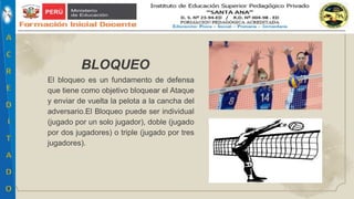 El bloqueo es un fundamento de defensa
que tiene como objetivo bloquear el Ataque
y enviar de vuelta la pelota a la cancha del
adversario.El Bloqueo puede ser individual
(jugado por un solo jugador), doble (jugado
por dos jugadores) o triple (jugado por tres
jugadores).
BLOQUEO
 