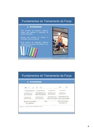 4
Fundamentos do Treinamento de Força
2. INTENSIDADE2. INTENSIDADE
Para aumento da potência, utiliza-se
cargas mais pesadas e repetições na
mesma velocidade.
Quanto mais próximo do máximo a
velocidade, maior a potência.
Para aumento de hipertrofia, utiliza-se
implementos de carga (intensidade) ou do
volume (duração)
Fundamentos do Treinamento de Força
2. INTENSIDADE2. INTENSIDADE
 