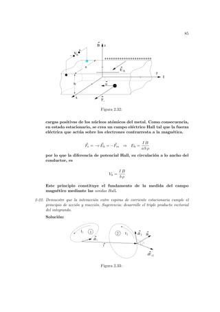 85
F-
b
a
x
y
z
B
I
-
+
------------------
V
++++++++++++++++++++++
h
E h
u
Figura 2.32:
cargas positivas de los núcleos atómicos del metal. Como consecuencia,
en estado estacionario, se crea un campo eléctrico Hall tal que la fuerza
eléctrica que actúa sobre los electrones contrarresta a la magnética.
~
Fe = −e ~
Eh = −~
Fm ⇒ Eh =
I B
a b ρ
por lo que la diferencia de potencial Hall, su circulación a lo ancho del
conductor, es
Vh =
I B
b ρ
Este principio constituye el fundamento de la medida del campo
magnético mediante las sondas Hall.
2-22. Demuestre que la interacción entre espiras de corriente estacionaria cumple el
principio de acción y reacción. Sugerencia: desarrolle el triple producto vectorial
del integrando.
Solución:
2
r
dl
dl
I1
I2 B
dF12
1 2
1
Figura 2.33:
 