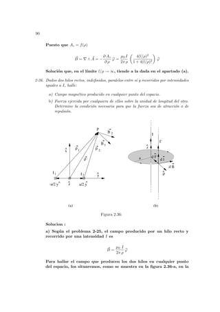 90
Puesto que Az = f(ρ)
~
B = ∇ ∧ ~
A = −
∂ Az
∂ ρ
b
ϕ =
µ0 I
2π ρ
µ
4(l/ρ)2
1 + 4(l/ρ)2
¶
b
ϕ
Solución que, en el lı́mite l/ρ → ∞, tiende a la dada en el apartado (a).
2-26. Dados dos hilos rectos, indefinidos, paralelos entre sı́ y recorridos por intensidades
iguales a I, halle:
a) Campo magnético producido en cualquier punto del espacio.
b) Fuerza ejercida por cualquiera de ellos sobre la unidad de longitud del otro.
Determine la condición necesaria para que la fuerza sea de atracción o de
repulsión.
I1 I2
-a/2 y^ a/2 y
^
y
^
x
^
z
^
B
B
d l
d B
z
^
(a) (b)
2
1
P
ρ
ρ
ρ
I
I’
d F
ρ
^
2
1
a
Figura 2.36:
Solucion :
a) Según el problema 2-25, el campo producido por un hilo recto y
recorrido por una intensidad I es
~
B =
µ0 I
2π ρ
b
ϕ
Para hallar el campo que producen los dos hilos en cualquier punto
del espacio, los situaremos, como se muestra en la figura 2.36-a, en la
 