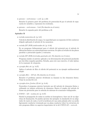xi
poisson − cartesianas − a.nb. (p. a-43)
Resuelve la primera parte del problema de potenciala-16 por el método de sepa-
ración de variables y representa los resultados.
poisson − cartesianas − b.nb (No descrito en el texto).
Resuelve la segunda parte del problema a-16.
Apéndice B
metodo momentos.nb. (p. b-8)
Calcula la distribución de carga y la capacidad para un segmento de hilo conductor
delgado aplicando el método de los momentos.
metodo DF SOR condensador.nb. (p. b-16)
Es un programa bidimensional para el cálculo del potencial por el método de
diferencias finitas con sobrerelajaciones sucesivas. Se aplica al estudio de dos placas
paralelas a potenciales iguales y contrarios.
metodo DF SOR electrodos puntuales.nb. (No descrito en el texto).
Programa similar al anterior aplicado a la determinación del potencial producido
por dos hilos cargados paralelos. Estudia, para este caso concreto, el valor óptimo
de la constante de relajación.
ejemplo Ritz.nb. (p. b-27)
Aplica el método de Ritz al cálculo del potencial en un ejemplo unidimensional
simple.
ejemplo Ritz − EF.nb. (No descrito en el texto).
Resuelve el problema anterior dividiendo su dominio en dos elementos finitos.
Véase la sección B.1.4.3.
ejemplo elem finitos 1D.nb. (p. b-41)
Generaliza el programa anterior haciendo uso del método de elementos finitos y
utilizando un número arbitrario de elementos. Ilustra el empleo del método de
Gauss sin pivotación para la solución de sistemas de ecuaciones tridiagonales.
FDTD − 1D − medios.nb. (p. b-57)
Simula la propagación de ondas en medios no homogéneos y hace uso de un algo-
ritmo de iluminación. Se pueden ejecutar dos ejemplos: la simulación de un adap-
tador de cuarto de onda y la de la incidencia de una onda pulsada sobre un medio
ligeramente conductor terminado por un plano conductor ideal. La estructura de
este programa difiere en aspectos importantes de la del FDTD 1D − vacio.nb.
 