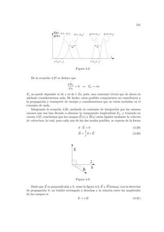 131
-t 1
) c (t 2
-t 1
)
f 1
(x- ct ) f 2
(x- ct ) g 2
( ct )
x+
g 1
( ct )
x+
g(w)
f(u)
x
+c
c
-c
(t 2
Figura 4.2:
De la ecuación 4.27 se deduce que
d Ex
d u
= 0 ⇒ Ex = cte
Ex no puede depender ni de x ni de t. Es, pués, una constante trivial que de ahora en
adelante consideraremos nula. De hecho, estas posibles componentes no contribuyen a
la propagación y transporte de energı́a y consideraremos que no están incluidas en el
concepto de onda.
Integrando la ecuación 4.28, anulando la constante de integración por las mismas
razones que nos han llevado a eliminar la componente longitudinal Ex, y teniendo en
cuenta 4.27, concluimos que los campos ~
E(u) y ~
B(u) están ligados mediante la relación
de estructura, la cual, para cada uno de los dos modos posibles, se expresa de la forma
~
n · ~
E = 0 (4.29)
~
B =
1
c
~
n ∧ ~
E (4.30)
n
P
E
B
Figura 4.3:
Dado que ~
E es perpendicular a ~
n, véase la figura 4.3, ~
E y ~
B forman, con la dirección
de propagación ~
n, un triedro rectángulo a derechas y la relación entre las amplitudes
de los campos es
E = c B (4.31)
 