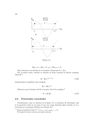 134
T
t 0
x +
0
λ
x 0
x=x 0
t=t 0
t +T
0
t
x
λ
Φ
Φ
Figura 4.4:
Φ(t0, z0) = Φ(t0 + T, z0) = Φ(t0, z0 + λ)
Estas funciones son solución de la ecuación 4.23 porque Φ = f(u).
Por la misma razón, también es solución de dicha ecuación la función compleja,
(fasorial) 8
Φ = Φ0 ej (ω t−k x)
(4.36)
interpretando la amplitud como compleja
Φ0 = |Φ0| ej ϕ
Obsérvese que la función real Φ es la parte real de la compleja 9
Φ = Re(Φ) (4.37)
4.3. Potenciales retardados
Consideremos, como se muestra en la figura 4.5, el problema de determinar cual
es el potencial creado en un punto P por una carga elemental ∆q(t) situada en ~
r 0
0 y
encerrada en un pequeño elemento de volumen ∆ v 0.
8
Según la identidad de Euler ejθ
= cos θ + j sen θ, donde j =
√
−1.
9
Se empleará la misma notación para ambas soluciones.
 