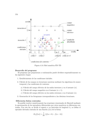 154
c
1 2 3
n=τ/δτ
i=x/ x
δ
condiciones
iniciales
iteración ni
iteración 1
campo
magnético
campo
eléctrico
2 nc-2 2nc
2 ni
1
-A
A
+
+
condición
absorbente
a
b
1
0
(i-1,n+1)
(i,n)
0
1
2
condiciones de contorno
A -A
1
celda 1 celda 2 celda nc celda nc+1
Figura 4.14: Red numérica FD–TD
Desarrollo del programa:
El programa que proponemos a continuación puede dividirse esquemáticamente en
las siguientes etapas:
1. Establecimiento de las condiciones iniciales.
2. Cálculo de los campos en iteraciones sucesivas mediante los algoritmos de avance
temporal y las condiciones de contorno:
a) Cálculo del campo eléctrico de los nudos interiores y en el instante (n).
b) Cálculo del campo magnético en el instante (n + 1).
c) Cálculo del campo eléctrico en los nudos extremos y en el instante (n).
3. Generación de los fotogramas correspondientes a las distintas iteraciones.
Diferencias finitas centradas:
Es posible resolver numéricamente las ecuaciones rotacionales de Maxwell mediante
la aproximación de los operadores diferenciales por otros numéricos en diferencias cen-
tradas. Con este fin, se divide el espacio α en intervalos de longitud h y se define el
operador derivada centrada de una función f(α) de la forma
Dα[f(α)] =
1
2h
{f(α + h) − f(α − h)}
 