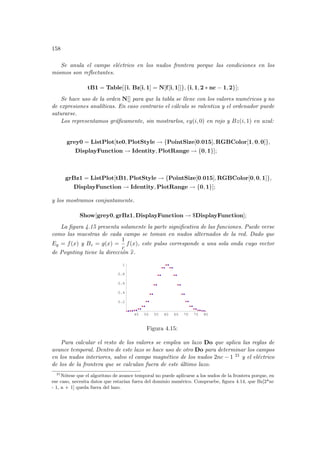 158
Se anula el campo eléctrico en los nudos frontera porque las condiciones en los
mismos son reflectantes.
tB1 = Table[{i, Bz[i, 1] = N[f[i, 1]]}, {i, 1, 2 ∗ nc − 1, 2}];
Se hace uso de la orden N[] para que la tabla se llene con los valores numéricos y no
de expresiones analı́ticas. En caso contrario el cálculo se ralentiza y el ordenador puede
saturarse.
Los representamos gráficamente, sin mostrarlos, ey(i, 0) en rojo y Bz(i, 1) en azul:
grey0 = ListPlot[te0, PlotStyle → {PointSize[0.015], RGBColor[1, 0, 0]},
DisplayFunction → Identity, PlotRange → {0, 1}];
grBz1 = ListPlot[tB1, PlotStyle → {PointSize[0.015], RGBColor[0, 0, 1]},
DisplayFunction → Identity, PlotRange → {0, 1}];
y los mostramos conjuntamente.
Show[grey0, grBz1, DisplayFunction → $DisplayFunction];
La figura 4.15 presenta solamente la parte significativa de las funciones. Puede verse
como las muestras de cada campo se toman en nudos alternados de la red. Dado que
Ey = f(x) y Bz = g(x) =
1
c
f(x), este pulso corresponde a una sola onda cuyo vector
de Poynting tiene la dirección b
x.
45 50 55 60 65 70 75 80
0.2
0.4
0.6
0.8
1
Figura 4.15:
Para calcular el resto de los valores se emplea un lazo Do que aplica las reglas de
avance temporal. Dentro de este lazo se hace uso de otro Do para determinar los campos
en los nudos interiores, salvo el campo magnético de los nudos 2nc − 1 21 y el eléctrico
de los de la frontera que se calculan fuera de este último lazo.
21
Nótese que el algoritmo de avance temporal no puede aplicarse a los nudos de la frontera porque, en
ese caso, necesita datos que estarı́an fuera del dominio numérico. Compruebe, figura 4.14, que Bz[2*nc
- 1, n + 1] queda fuera del lazo.
 