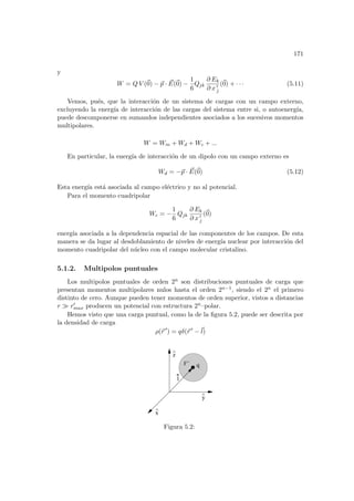 171
y
W = Q V (~
0) − ~
p · ~
E(~
0) −
1
6
Qjk
∂ Ek
∂ x 0
j
(~
0) + · · · (5.11)
Vemos, pués, que la interacción de un sistema de cargas con un campo externo,
excluyendo la energı́a de interacción de las cargas del sistema entre si, o autoenergı́a,
puede descomponerse en sumandos independientes asociados a los sucesivos momentos
multipolares.
W = Wm + Wd + Wc + ...
En particular, la energı́a de interacción de un dipolo con un campo externo es
Wd = −~
p · ~
E(~
0) (5.12)
Esta energı́a está asociada al campo eléctrico y no al potencial.
Para el momento cuadripolar
Wc = −
1
6
Qjk
∂ Ek
∂ x 0
j
(~
0)
energı́a asociada a la dependencia espacial de las componentes de los campos. De esta
manera se da lugar al desdoblamiento de niveles de energı́a nuclear por interacción del
momento cuadripolar del núcleo con el campo molecular cristalino.
5.1.2. Multipolos puntuales
Los multipolos puntuales de orden 2n son distribuciones puntuales de carga que
presentan momentos multipolares nulos hasta el orden 2n−1, siendo el 2n el primero
distinto de cero. Aunque pueden tener momentos de orden superior, vistos a distancias
r À r0
max producen un potencial con estructura 2n–polar.
Hemos visto que una carga puntual, como la de la figura 5.2, puede ser descrita por
la densidad de carga
ρ(~
r 0
) = qδ(~
r 0
−~
l)
^
x
^
z
^
q
V’
y
l
Figura 5.2:
 
