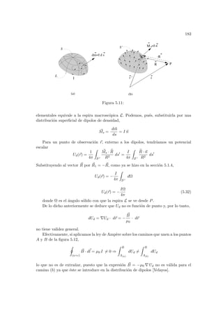 183
-R
R
r
r ’
dm=I d s
(a) (b)
I
P
s
M =I n
S
L
S’
Figura 5.11:
elementales equivale a la espira macroscópica L. Podemos, pués, substituirla por una
distribución superficial de dipolos de densidad,
~
Ms =
d~
m
ds
= I ~
n
Para un punto de observación ~
r, externo a los dipolos, tendrı́amos un potencial
escalar
Ud(~
r) =
1
4π
Z
S 0
~
Ms · b
R
R2
ds0
=
I
4π
Z
S 0
b
R · ~
n
R2
ds0
Substituyendo al vector ~
R por ~
R1 = −~
R, como ya se hizo en la sección 5.1.4,
Ud(~
r) = −
I
4π
Z
S 0
dΩ
Ud(~
r) = −
IΩ
4π
(5.32)
donde Ω es el ángulo sólido con que la espira L se ve desde P.
De lo dicho anteriormente se deduce que Ud no es función de punto y, por lo tanto,
dUd = ∇Ud · d~
r = −
~
B
µ0
· d~
r
no tiene validez general.
Efectivamente, si aplicamos la ley de Ampère sobre los caminos que unen a los puntos
A y B de la figura 5.12,
I
(a+c)
~
B · d~
l = µ0 I 6= 0 ⇒
Z B
A(a)
dUd 6=
Z B
A(b)
dUd
lo que no es de extrañar, puesto que la expresión ~
B = −µ0 ∇ Ud no es válida para el
camino (b) ya que éste se introduce en la distribución de dipolos [Velayos].
 