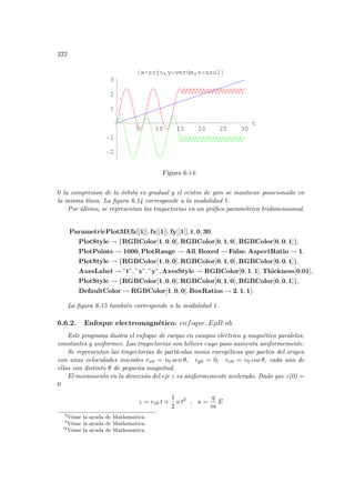 222
5 10 15 20 25 30
t
-2
-1
1
2
3
8x=rojo,y=verde,z=azul
Figura 6.14:
0 la compresion de la órbita es gradual y el centro de giro se mantiene posicionado en
la misma lı́nea. La figura 6.14 corresponde a la modalidad 1.
Por último, se representan las trayectorias en un gráfico paramétrico tridimensional.
ParametricPlot3D[fz[[1]], fx[[1]], fy[[1]], t, 0, 30,
PlotStyle → {RGBColor[1, 0, 0], RGBColor[0, 1, 0], RGBColor[0, 0, 1]},
PlotPoints → 1000, PlotRange → All, Boxed → False, AspectRatio → 1,
PlotStyle → {RGBColor[1, 0, 0], RGBColor[0, 1, 0], RGBColor[0, 0, 1]},
AxesLabel → ”t”, ”x”, ”y”, AxesStyle → RGBColor[0, 1, 1], Thickness[0,01],
PlotStyle → {RGBColor[1, 0, 0], RGBColor[0, 1, 0], RGBColor[0, 0, 1]},
DefaultColor → RGBColor[1, 0, 0], BoxRatios → 2, 1, 1];
La figura 6.15 también corresponde a la modalidad 1.
6.6.2. Enfoque electromagnético. enfoque EpB.nb
Este programa ilustra el enfoque de cargas en campos eléctrico y magnético paralelos,
constantes y uniformes. Las trayectorias son hélices cuyo paso aumenta uniformemente.
Se representan las trayectorias de partı́culas mono energéticas que parten del origen
con unas velocidades iniciales vx0 = v0 sen θ, vy0 = 0, vz0 = v0 cos θ, cada una de
ellas con distinto θ de pequeña magnitud.
El movimiento en la dirección del eje z es uniformemente acelerado. Dado que z(0) =
0
z = vz0 t +
1
2
a t2
, a =
q
m
E
8
Véase la ayuda de Mathematica.
9
Véase la ayuda de Mathematica.
10
Véase la ayuda de Mathematica.
 