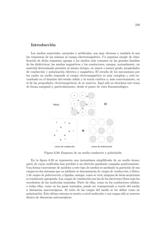 249
Introducción
Los medios materiales, naturales y artificiales, son muy diversos y también lo son
las respuestas de los mismos al campo electromagnético. Un esquema simple de clasi-
ficación de dicha respuesta agrupa a los medios más comunes en las grandes familias
de los dieléctricos, los medios magnéticos y los conductores, aunque, normalmente, un
material determinado presenta al mismo tiempo, en mayor o menor grado, propiedades
de conducción y polarización eléctrica y magnética. El estudio de los mecanismos por
los cuales un medio responde al campo electromagnético es muy complejo y está en-
cuadrado en el dominio del estado sólido y la teorı́a cinética o, más concretamente, en
el de las propiedades electromagnéticas de la materia. Aquı́ sólo se abordará este tema
de forma marginal y, particularmente, desde el punto de vista fenomenológico.
-
-
-
-
-
-
+
+
+
+
+
-
-
-
-
-
-
+
+
+
+
+
=
+
Medio
cargas de conducción cargas de polarización
Figura 6.28: Esquema de un medio conductor y polarizable
En la figura 6.28 se representa una instantánea simplificada de un medio denso,
parte de cuyas moléculas han perdido a un electrón quedando cargadas positivamente.
Una forma conveniente de modelar a este tipo de medios es mediante la partición de sus
cargas en dos sistemas que en adelante se denominarán de cargas de conducción, o libres,
y de cargas de polarización, o ligadas, aunque, como se verá, ninguna de éstas acepciones
es totalmente apropiada. Las cargas de conducción son las de los electrones libres más las
excedentes de las moléculas ionizadas. Parte de ellas, como en los conductores sólidos,
o todas ellas, como en los gases ionizados, puede ser transportada a través del medio
a distancias macroscópicas. Al resto de las cargas del medio se les define como de
polarización. Este último sistema es neutro a nivel molecular y sus cargas sólo se mueven
dentro de distancias microscópicas.
 