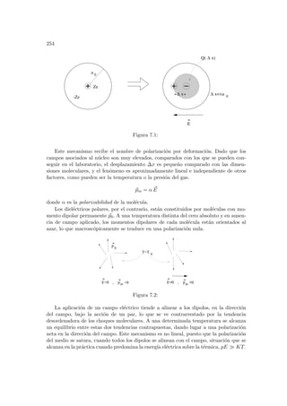 254
a 0
Ze
-Ze
x
∆
Q( ∆ x)
xa
∆ 0
E
Figura 7.1:
Este mecanismo recibe el nombre de polarización por deformación. Dado que los
campos asociados al núcleo son muy elevados, comparados con los que se pueden con-
seguir en el laboratorio, el desplazamiento ∆x es pequeño comparado con las dimen-
siones moleculares, y el fenómeno es aproximadamente lineal e independiente de otros
factores, como pueden ser la temperatura o la presión del gas.
~
pm = α ~
E
donde α es la polarizabilidad de la molécula.
Los dieléctricos polares, por el contrario, están constituidos por moléculas con mo-
mento dipolar permanente ~
p0. A una temperatura distinta del cero absoluto y en ausen-
cia de campo aplicado, los momentos dipolares de cada molécula están orientados al
azar, lo que macroscópicamente se traduce en una polarización nula.
/
E=0 , pm =0 E=0 , pm =0
p
T=T 0
0
/
Figura 7.2:
La aplicación de un campo eléctrico tiende a alinear a los dipolos, en la dirección
del campo, bajo la acción de un par, lo que se ve contrarrestado por la tendencia
desordenadora de los choques moleculares. A una determinada temperatura se alcanza
un equilibrio entre estas dos tendencias contrapuestas, dando lugar a una polarización
neta en la dirección del campo. Este mecanismo es no lineal, puesto que la polarización
del medio se satura, cuando todos los dipolos se alinean con el campo, situación que se
alcanza en la práctica cuando predomina la energı́a eléctrica sobre la térmica, pE À KT.
 