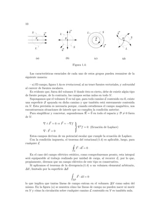 10
P
F
L
S
(a)
F
n
S
L
(b)
F
S
L
(c)
F
S
L
(d)
P P P
Figura 1.4:
Las caracterı́sticas esenciales de cada uno de estos grupos pueden resumirse de la
siguiente manera:
– a) El campo, figura 1.4a es irrotacional, al no tener fuentes vectoriales, y solenoidal
al carecer de fuentes escalares.
Es evidente que, fuera del volumen V donde ésto es cierto, debe de existir algún tipo
de fuente porque, de lo contrario, los campos serı́an nulos en todo V.
Supongamos que el volumen V es tal que, para todo camino L contenido en él, existe
una superficie S apoyada en dicho camino y que también está enteramente contenida
en V. Esta precisión es necesaria porque, cuando estudiemos el campo magnético, nos
encontraremos situaciones de interés que no cumplen la condición anterior.
Para simplificar y concretar, supondremos ~
R = ~
0 en todo el espacio y D 6= 0 fuera
de V.
∇ ∧ ~
F = 0 ⇒ ~
F = −∇f
∇ · ~
F = 0



∇2
f = 0 (Ecuación de Laplace)
Estos campos derivan de un potencial escalar que cumple la ecuación de Laplace.
Con la condición impuesta, el teorema del rotacional (1.4) es aplicable, luego, para
cualquier L I
L
~
F · d~
l = 0
En el caso del campo eléctrico estático, como comprobaremos pronto, esta integral
será equiparable al trabajo realizado por unidad de carga, al recorrer L, por lo que,
propiamente, diremos que un campo eléctrico de este tipo es conservativo.
Si aplicamos el teorema de la divergencia (1.4) a un volumen elemental arbitrario,
∆V, limitado por la superficie ∆S
Z
∆S
~
F · d~
s = 0
lo que implica que tantas lı́neas de campo entran en el volumen ∆V como salen del
mismo. En la figura (a) se muestra cómo las lı́neas de campo no pueden nacer ni morir
en V y cómo la circulación sobre cualquier camino L contenido en V es también nula.
 