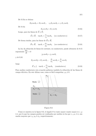315
De 9.13a se obtiene
D2 cos θ2 = D1 cos θ1 , ε2 E2 cos θ2 = ε1 E1 cos θ1
De 9.14a
E2 sen θ2 = E1 sen θ1 (9.16)
Luego, para las lı́neas de ~
E y ~
D,
~
E y ~
D, tan θ1 =
ε1
ε2
tan θ2, (no conductores) (9.17)
De forma similar, para las lı́neas de ~
B y ~
H,
~
B y ~
H, tan θ1 =
µ1
µ2
tan θ2, (no conductores) (9.18)
La ley de refracción de lı́neas de corriente, en conductores, puede obtenerse de 9.15
suponiendo
∂ρs
∂t
= 0
j2 cos θ2 = j1 cos θ1
y de 9.16
E2 sen θ2 = E1 sen θ1 ,
j2
σ2
sen θ2 =
j1
σ1
sen θ1
luego
~
E y ~
, tan θ1 =
σ1
σ2
tan θ2, (conductores) (9.19)
Para medios conductores esta ecuación gobierna también la refracción de las lı́neas de
campo eléctrico. En este último caso, como es fácil comprobar, ρs 6= 0.
Medio 2
Medio 1
θ 2
µ2
µ2
µ1

 θ 2
θ 1
Figura 9.3:
Como se muestra en la figura 9.3, el ángulo θ es tanto mayor cuanto mayor es ε, µ
ó σ, por lo que los campos pueden ser confinados por medios en los que ε1, µ1 ó σ1 son
mucho mayores que ε2, µ2 ó σ2, respectivamente.
 