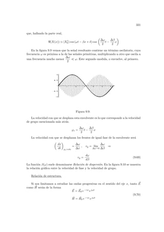 331
que, hallando la parte real,
(X(x)) ' |X1
0 | cos (ωt − βx + δ) cos
µ
∆ω
2
t −
∆β
2
x
¶
En la figura 9.9 vemos que la señal resultante contiene un término oscilatorio, cuya
frecuencia ω es próxima a la de las señales primitivas, multiplicando a otro que oscila a
una frecuencia mucho menor
∆ω
2
¿ ω. Este segundo modula, o envuelve, al primero.
Figura 9.9:
La velocidad con que se desplaza esta envolvente es lo que corresponde a la velocidad
de grupo mencionada más atrás.
ϕe =
∆ω
2
t −
∆β
2
x
La velocidad con que se desplazan los frentes de igual fase de la envolvente será
µ
dx
dt
¶
ϕe=cte
=
∆ω
∆x
, vg = lı́m
∆ω→0
∆ω
∆β
⇒
vg =
dω
dβ
(9.69)
La función β(ω) suele denominarse Relación de dispersión. En la figura 9.10 se muestra
la relación gráfica entre la velocidad de fase y la velocidad de grupo.
Relación de estructura.
Si nos limitamos a estudiar las ondas progresivas en el sentido del eje x, tanto ~
E
como ~
H serán de la forma
~
E = ~
E0 e−γx ejωt
~
H = ~
H0 e−γx ejωt
(9.70)
 