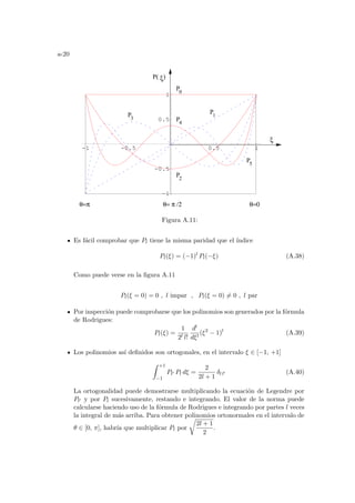 a-20
-1 -0.5 0.5 1
-1
-0.5
0.5
1
1
P3
P5
P2
ξ
P( )
P0
P4
ξ
θ= π /2
θ=π
P
θ=0
Figura A.11:
Es fácil comprobar que Pl tiene la misma paridad que el ı́ndice
Pl(ξ) = (−1)l
Pl(−ξ) (A.38)
Como puede verse en la figura A.11
Pl(ξ = 0) = 0 , l impar , Pl(ξ = 0) 6= 0 , l par
Por inspección puede comprobarse que los polinomios son generados por la fórmula
de Rodrigues:
Pl(ξ) =
1
2l l!
dl
dξl
(ξ2
− 1)l
(A.39)
Los polinomios ası́ definidos son ortogonales, en el intervalo ξ ∈ [−1, +1]
Z +1
−1
Pl0 Pl dξ =
2
2l + 1
δl l0 (A.40)
La ortogonalidad puede demostrarse multiplicando la ecuación de Legendre por
Pl0 y por Pl sucesivamente, restando e integrando. El valor de la norma puede
calcularse haciendo uso de la fórmula de Rodrigues e integrando por partes l veces
la integral de más arriba. Para obtener polinomios ortonormales en el intervalo de
θ ∈ [0, π], habrı́a que multiplicar Pl por
r
2l + 1
2
.
 